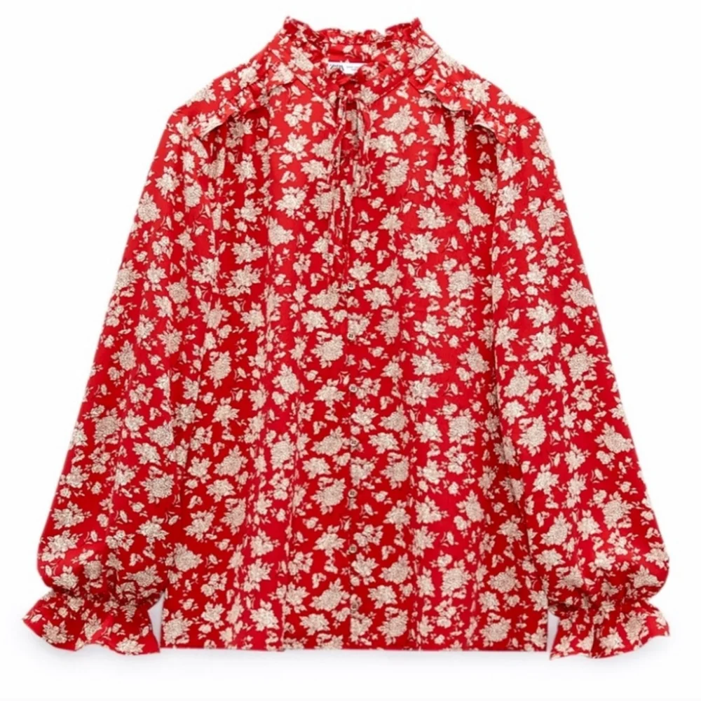 ZARA Floral Print Ruffles Tie Front Shirt Blouse Red - Picture 1 of 12